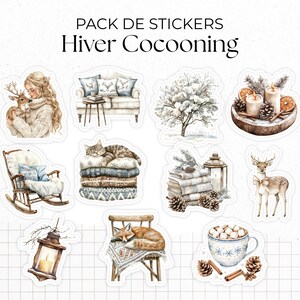 Pack de Stickers "Hiver Cocooning" - 11 autocollants die-cut sur le thème de l'hiver : cozy, froid, neige, glace, flocon - Bullet Journal
