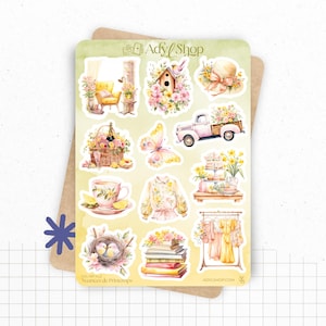 Planches de stickers "Nuances de Printemps" - Autocollants sur un thème du printemps : fleurs, beau temps - Bullet Journal