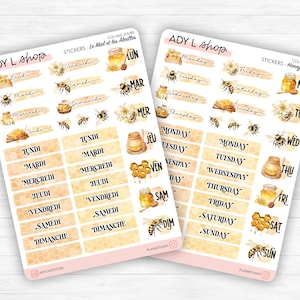 Hojas de pegatinas "Miel y abejas" - Pegatinas con temática de miel y abejas, flores - Bullet Journal y Planner
