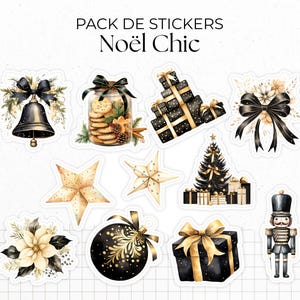 Pack de Stickers "Noël Chic" - 11 Autocollants  die-cut sur le thème de l'hiver et de Noël : fêtes de fin d'année, noir, or - Bullet Journal