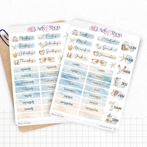 Planches de Stickers "Brise Océane" - Autocollants sur le thème de l'été : vacances, plage - Jours de la semaine - Bullet Journal & Planner
