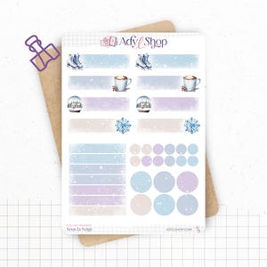 Planches de Stickers "Sous la Neige" - Autocollants sur le thème de l'hiver, froid, Noël - Headers, formes, titres - Bullet Journal/Planner