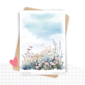 Planches de Stickers "Printemps Bleu" - Autocollants sur le thème du printemps, fleurs, papillons - Couverture mois - Bullet Journal Planner