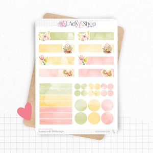 Planches de stickers "Nuances de Printemps" - Autocollants sur un thème du printemps : fleurs, beau temps - Headers - Bullet Journal