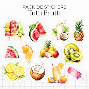 Pack de 12 stickers die-cut "Tutti Frutti" - Autocollants sur le thème de l'été et des fruits - Couleurs vitaminées - Bullet Journal Planner