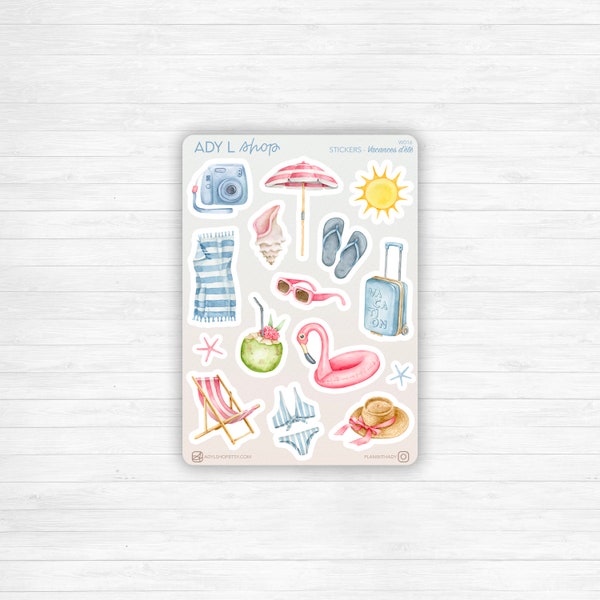 Planche Stickers "Vacances d'été" - Autocollants estivaux : plage, voyage, vacances, été, soleil, chaleur, mer - Bullet Journal / Planner