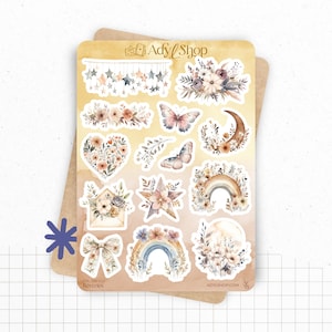 Planches de stickers "Rêveries" - Autocollants sur un thème bohème : papillons, lunes, fleurs, couleurs douces - Bullet Journal