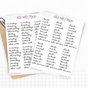 Planche Stickers "Jours de la semaine" écriture cursive - 6 semaines - Papier blanc mat ou transparent mat - Bullet Journal & Planner