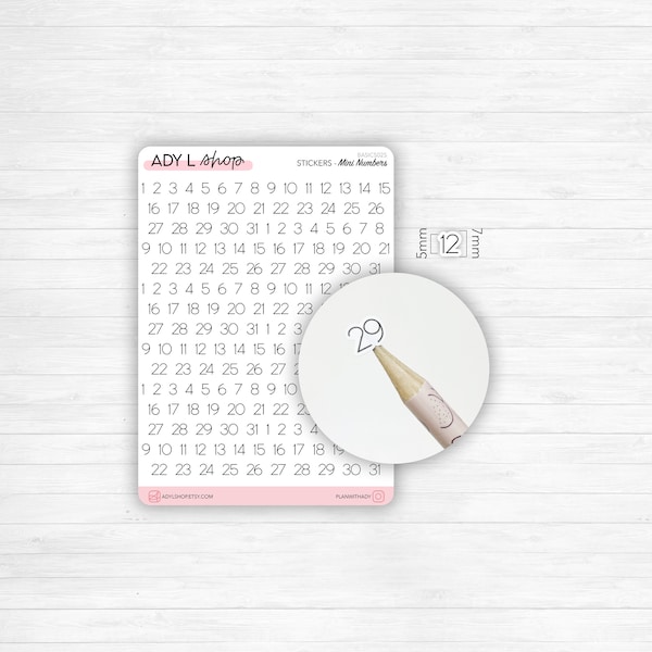 Stickers chiffres 1 à 31 - Mini stickers 5mm - 6 séries de 31 stickers - Papier autocollant blanc ou transparent - Bullet Journal & Planner