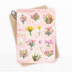 Fogli di adesivi "Tulipani carini" - Adesivi a tema primaverile e floreale - Tulipani carini e colorati - Planner Bullet Journal