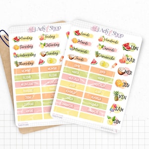 Planches de Stickers "Tutti Frutti" - Autocollants sur le thème de l'été et des fruits - Jours de la semaine - Bullet Journal Planner