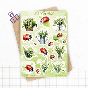 Planches de Stickers "Muguet & Coccinelles" - Autocollants sur le thème du printemps : fleurs, insectes - Bullet Journal