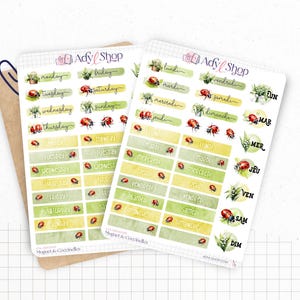 Hojas de pegatinas "Lirio de los Valles y Mariquitas" - Pegatinas de primavera: flores, insectos - Días de la semana - Bullet Journal