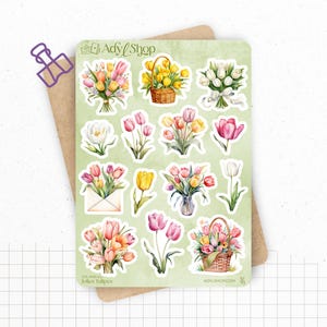 Planches de Stickers "Jolies Tulipes" - Autocollants sur le thème du printemps, fleurs - Jolies tulipes colorées - Bullet Journal Planner