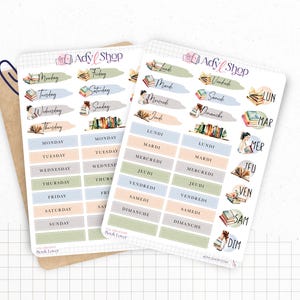 Planches de Stickers "Book Lover" - Autocollants sur le thème des livres et de la lecture - Jours de la semaine - Bullet Journal / Planner