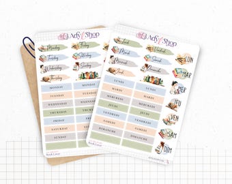 Arkusze naklejek „Miłośnik książek” – Naklejki o tematyce książek i czytania – Dni tygodnia – Bullet Journal / Planner