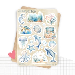Fogli di adesivi "Sotto l'oceano" - Adesivi a tema estivo - Mare, vita marina, coralli, delfini - Bullet Journal - Planner