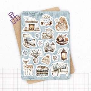 Planches de stickers "Hiver Cocooning" - Autocollants sur le thème de l'hiver : cozy, froid, bleu, neige, glace, flocon - Bullet Journal
