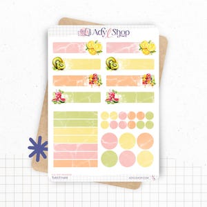 Fogli di adesivi "Tutti Frutti" - Adesivi a tema estivo e fruttato - Intestazioni e forme colorate - Planner Bullet Journal