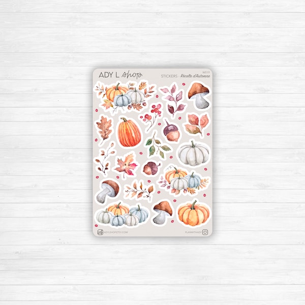 Planche Stickers "Récolte d'Automne" - Autocollants sur le thème de l'automne : citrouilles, champignons, glands - Bullet Journal / Planner