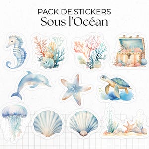 Pack de Stickers "Sous l'Océan" - 10 die-cut stickers - Autocollants sur le thème de l'été - Mer, vie marine - Bullet Journal - Planner