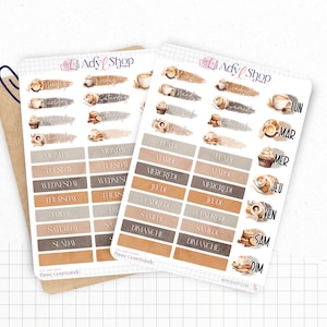 Planches de Stickers "Pause Gourmande" - Autocollants sur le thème de la gourmandise, café - Jours de la semaine - Bullet Journal/Planner