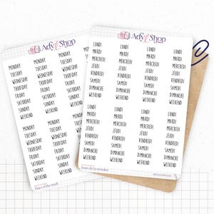 Planche Stickers "Jours de la semaine" écriture manuscrite majuscules - Papier autocollant blanc ou transparent - Bullet Journal & Planner