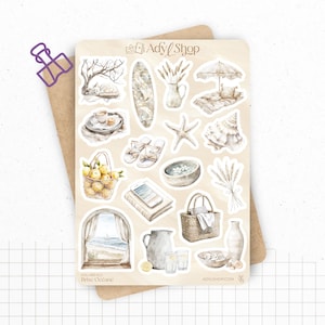 Planches de Stickers "Brise Océane" - Autocollants sur le thème de l'été : vacances, plage, océan - Bullet Journal & Planner