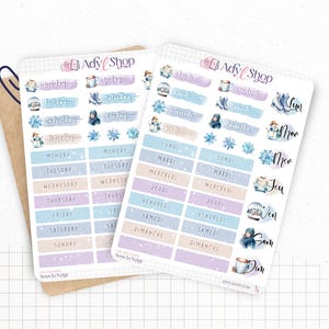 Planches de Stickers "Sous la Neige" - Autocollants sur le thème de l'hiver, froid, Noël - Jours de la semaine - Bullet Journal/Planner