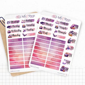 Planches de Stickers "Halloween Violet" - Autocollants sur le thème de la magie, sorcellerie - Jours de la semaine - Bullet Journal /Planner