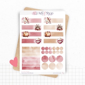 Könnte beinhalten: Bogen mit Planer-Aufklebern zum Thema Herbst. Die Aufkleber zeigen Illustrationen von Vögeln, Kürbissen, Igeln und Kaffeetassen in Rosa-, Beige- und Brauntönen. Der Text "Ady Shop" ist sichtbar.