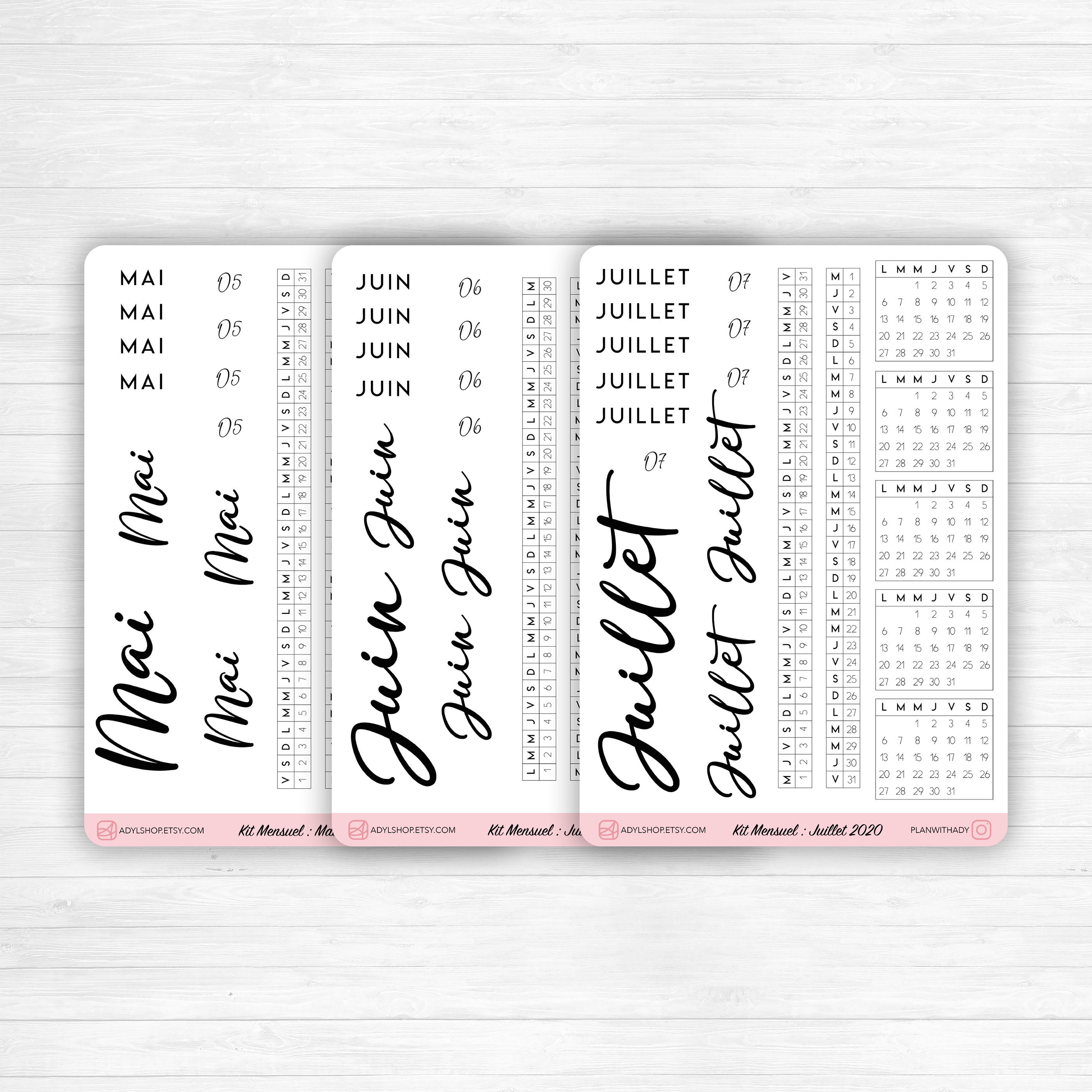 Planche de stickers Kit Mensuel Mini-calendriers, outils de planification  mensuelle, mois calligraphie Bullet Journal & Planner -  France