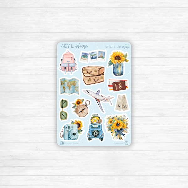 Planche Stickers "Bon Voyage" - Autocollants sur le thème de l'été, voyage, vacances, tournesols, tourisme - Bullet Journal / Planner