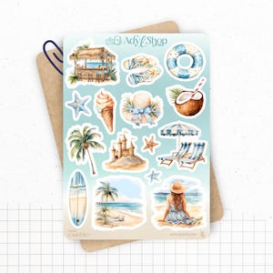 Planche de stickers "C'est l'été" - Autocollants sur le thème de l'été : plage, soleil, vacances, mer - Bullet Journal / Planner