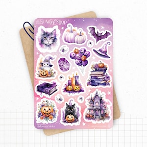 Planches de Stickers "Halloween Violet" - Autocollants sur le thème de la magie, sorcellerie, Halloween, spooky - Bullet Journal / Planner