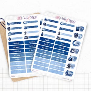 Planches de Stickers "Minuit" - Autocollants sur le thème de la magie, sorcellerie, Halloween - Jours semaine - Bullet Journal / Planner