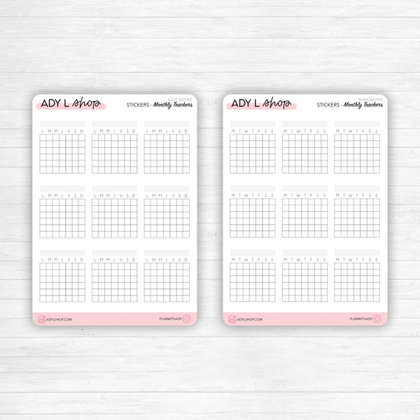 Stickers trackers mensuels calendriers - Habit tracker, mood tracker - Mini calendriers - 9 autocollants - Bullet Journal & Planner