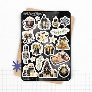 Planches de Stickers "Noël Chic" - Autocollants sur le thème de l'hiver et de Noël : fêtes de fin d'année, noir, or - Bullet Journal