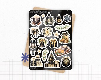 Fogli di adesivi "Chic Christmas" - Adesivi a tema invernale e natalizio: stagione delle feste, nero, oro - Bullet Journal