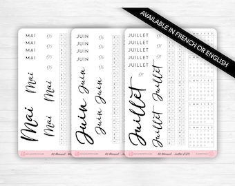 Planche de stickers "Kit Mensuel" - Mini-calendriers, outils de planification mensuelle, mois calligraphie - Bullet Journal & Planner