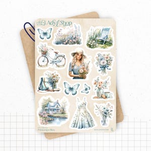Planches de Stickers "Printemps Bleu" - Autocollants sur le thème du printemps, fleurs, papillons, tons bleutés -Bullet Journal Planner