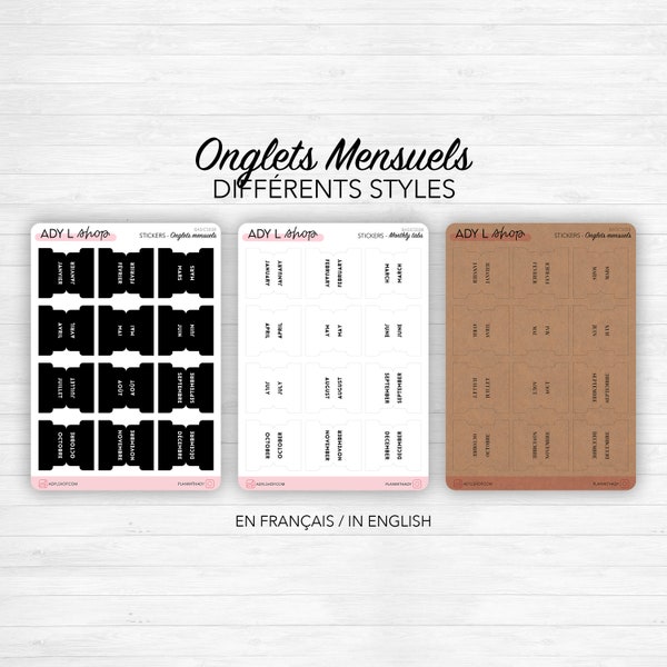 Onglets mensuels autocollants - Différents styles et polices : blanc, noir, Kraft - 12 mois - Anglais ou Français - Bullet Journal & Planner