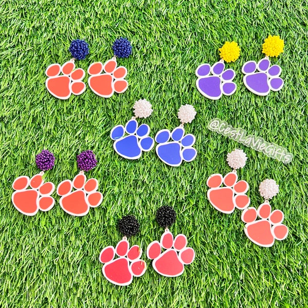 Acrylic Paw Print Pompom Earrings - Lots of Color Choices! Purple, Yellow, Blue, White, Red, Black, Orange- LSU Tigers Auburn Game Day!