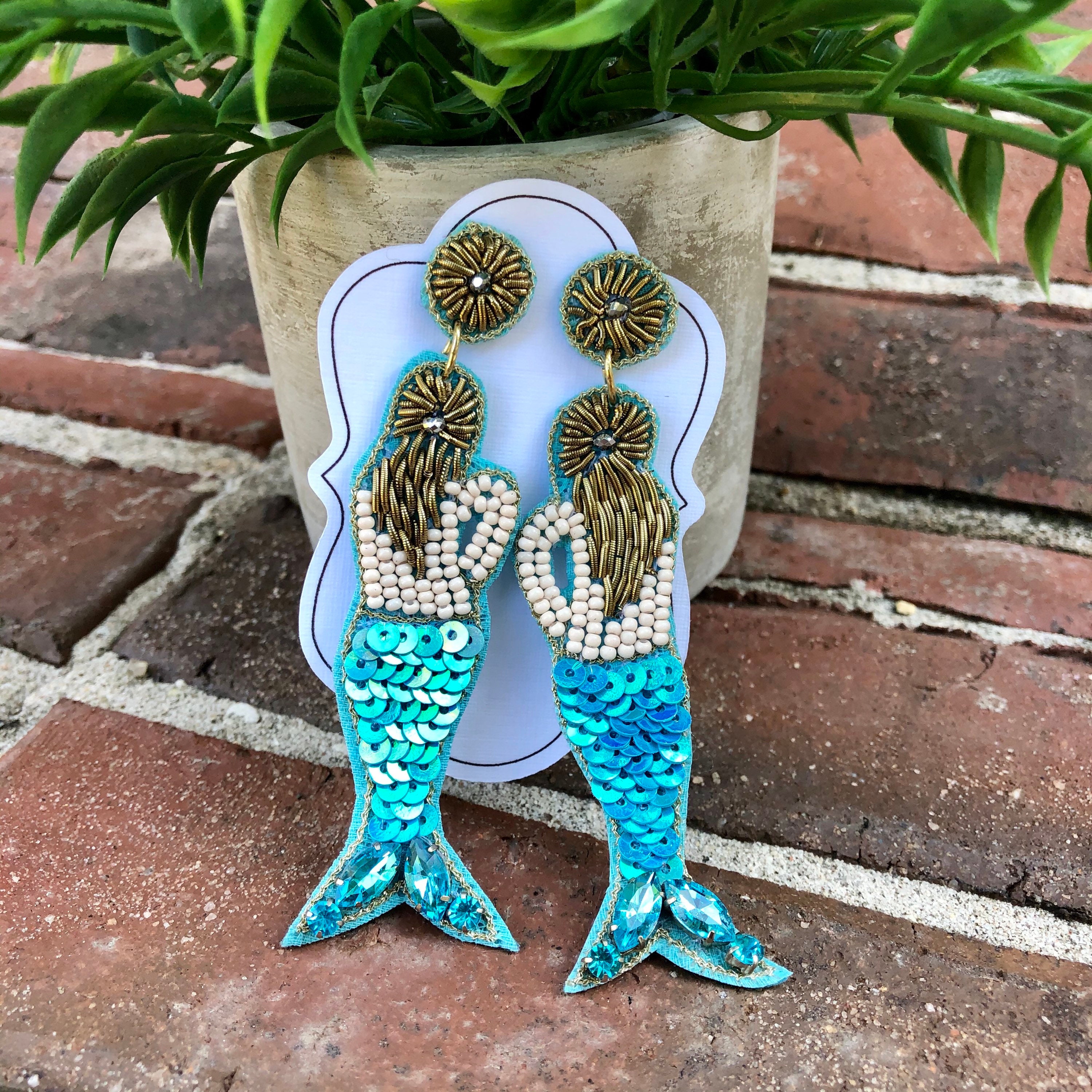 Beaded Mermaid Earrings With Sequins and Rhinestones White - Etsy