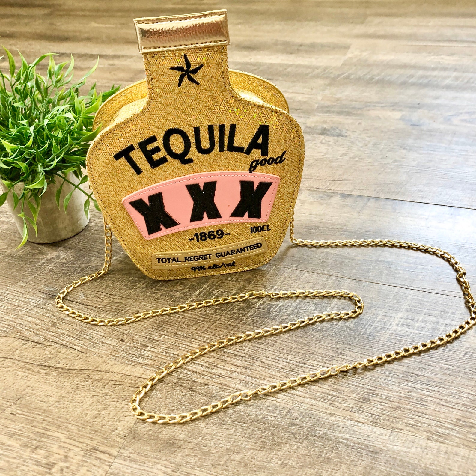 Gold Tequila Bottle Crossbody Purse with Gold Chain Etsy