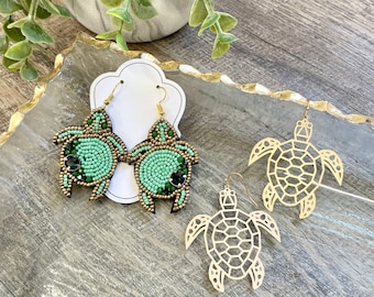 Dangle Turtle Earrings: Beaded or Gold Filigree