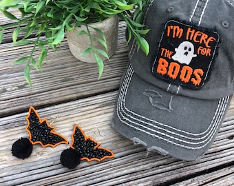 Halloween Distressed Ballcap: &quot;I&#39;m Here for the BOOS&quot; - 7 Colors