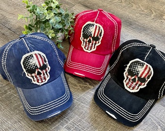 USA Skull Flag Baseball Hat or Cap - Patriotic - Punisher - Beach Hat