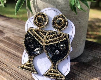 Black & Gold Wine Glass Earrings - Beaded and Rhinestones