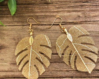 Filigree Tropical Palm Leaf Gold Earrings: Lightweight Dangle Earrings